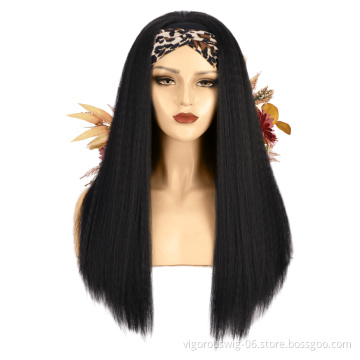 Long Yaki Glueless 2021 Best Quality Wholesale Synthetic Wigs Grip Adjustable Headband Attached For Women Black Wig None Lace
